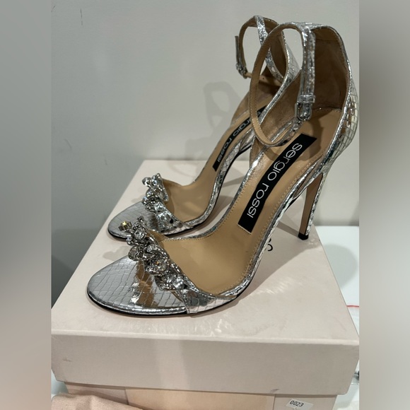 Silver Sergio Rossi chain heel sandals with Python print ankle tie heel sandals - Picture 2 of 13